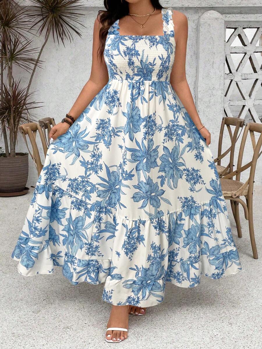 SHEIN Clasi Vestido maxi con tirantes de ajuste y volantes en el bajo con estampado floral para mujer talla grande - Azul y blanco - Ver 1