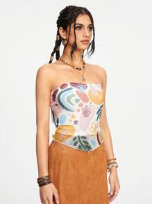 H3IDI Women Floral Artistic Pattern Fitted Tube Top - Multicolor - View 3