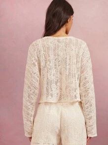 WESTFADE 西部乡村花卉刺绣编织网眼蝴蝶结前 V 领长袖上衣春假音乐节 - 米色 - 查看 3