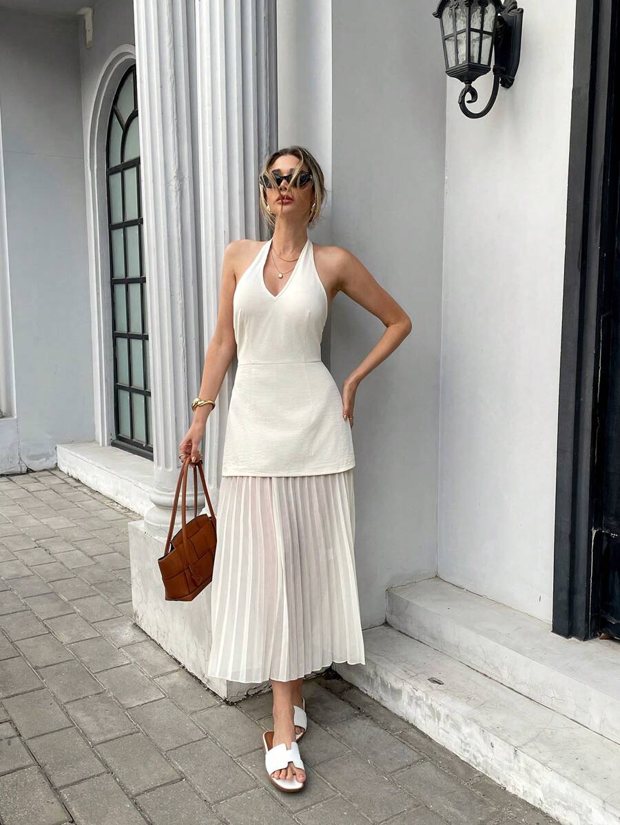 Chiquease 女士纯色 V 领无袖 A 字形中长连衣裙，带褶边