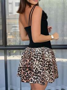 Asymmetric Leopard Print Floral Decor Waist Cinched Mini A-Line Dress - Multicolor - View 2