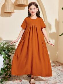 SHEIN Tween Mädchen einfarbiges, strukturiertes Stoffkleid mit kurzen Ärmeln und lockerer A-Linie und Taschen, langes Kleid