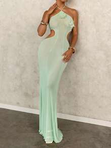 SHEIN Swim Vestido de malla con flores verde claro estilo sirena para mujer, vestido elegante y sexy de corte ceñido verde menta con diseño calado para cubrir traje de baño, para primavera/verano