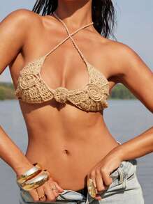 SHEIN X Sofía Suescun SHEIN Swim 女士度假性感罩衫露背上衣，适合夏季海滩 - 米色 - 查看 1