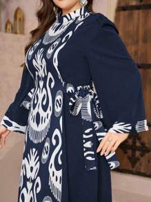 Al Najma Women's Stand Collar Floral Patchwork Cinched Waist Cinched Waist Slimming Casual Plus Size Dress - Navy Blue - View 3