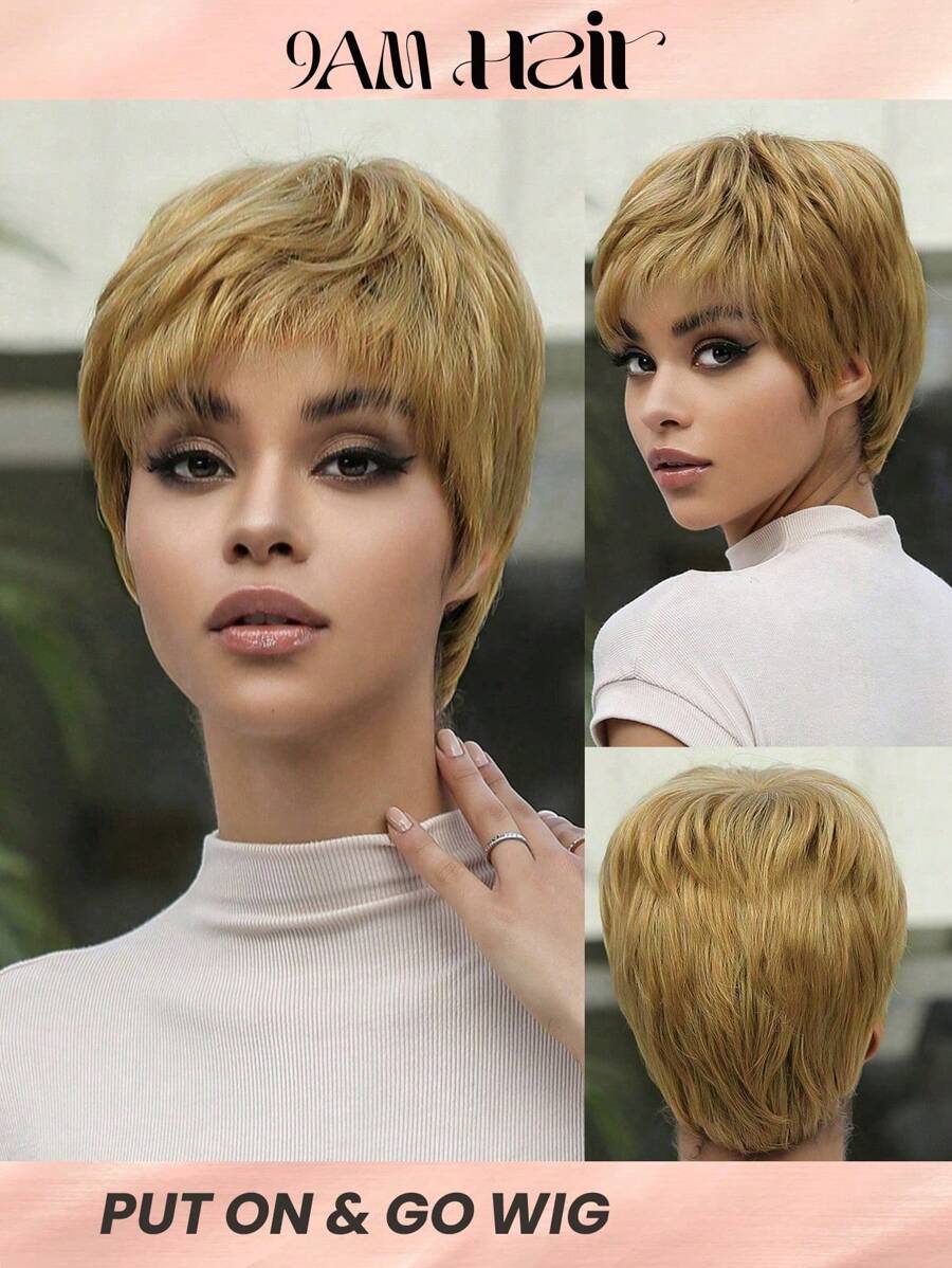 Short Pixie Cut Wig Human Hair Cheap Put On & Go Gluelesss Human Hair Wigs For Women Beginner Friendly Daily Use Machine Made Natural Blonde Color Halloween Costumes - S27A - View 1