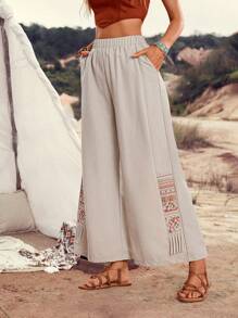 LanaWest Calça Longa Casual de Campo Bordada Corte em H de Cor Sólida para Férias - Bege - Visão 5