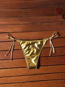 SHEIN Swim SXY 性感金带和珍珠链比基尼泳裤 - 金色 - 查看 6