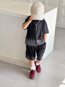 SHEIN 2pcs Kids Boys Casual Korean Style Faded Black Print Polo Shirt & Shorts Set, Versatile For Spring/Summer, Suitable For School, Home, Daily, Sports, Birthday Party, Vacation, All-Match & Simple - Black - View 2