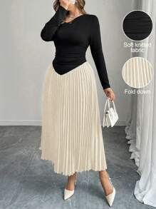 Celure Plus Size Asymmetric Collar Shoulder Pleat Patchwork Hem Elegant Party Dress, Suitable For Valentine's Day Maxi Women Outfit