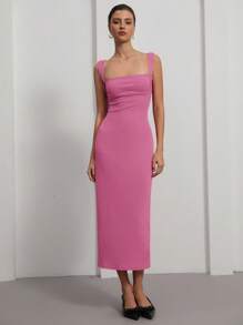 GENKIRA Vestido Elegante e Romântico com Decote Quadrado, Gola Bordô Vermelho Vintage, Estampa Texturizada, Sem Mangas, para Festa do Ano Novo Chinês - Roxo - Visão 5