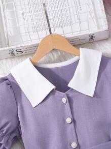 SHEIN Váy vải họa tiết đơn hàng khuy tay bồng ngắn cổ màu tương phản cho bé gái tuổi mới lớn - Màu tím - Xem 5