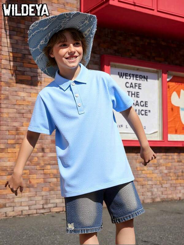 Wildeya 2pcs/Set Tween Boys Spring/Summer Wildeya New Style Fashion Gentleman Light Blue Polo Shirt Paired With Black Washed Denim Jeans, Suitable For Outdoor Activities And Daily Wear