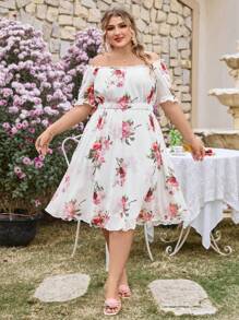SHEIN VCAY Plus Size Floral Puff-Sleeve Short-Sleeved Dress, Off-Shoulder Dress, Perfect For Vacations, Gardens, Dates, And Carnivals. - Multicolor - View 5