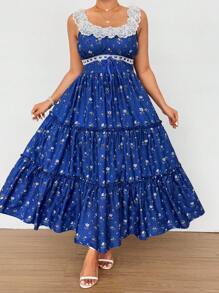 Flirla Plus Size Women Square Collar Contrast Lace Romantic Vacation Dress, Spring/Summer - Blue - View 4