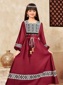 SHEIN Tween Girls' Casual Vacation Floral Patchwork Fringed Belt & Ankle Length Dress - Burgundy - View 7