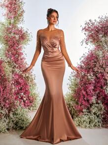 Glamrae 优雅、华丽、浪漫的香槟色奢华烫钻透视长袖修身鱼尾下摆连衣裙适合晚餐单身派对约会度假返校季生日派对婚礼活动晚礼服（重磅款）、婚礼宾客礼服、礼服、长袍 - 香檳色 - 查看 6