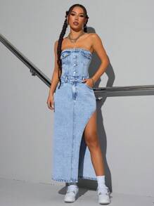 SHEIN ICON Women's Button Decor Side Slit Hem Fashion Denim Cami Dress - Blue - View 4