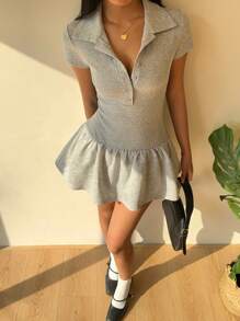 SHEIN EZwear Ruffle Hem Button Front Short Sleeve Solid Color Casual Dress - Grey - View 7