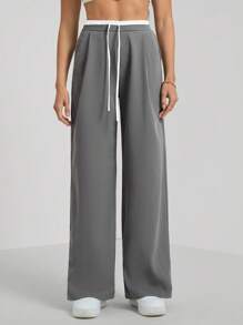 SHEIN Tall 低腰，拼色腰带，女士运动裤，阔腿裤，日常休闲风格 - 灰色 - 查看 5