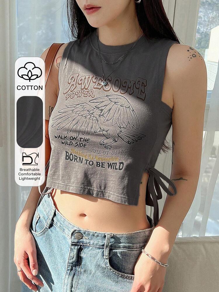 Slogan Graphic Knot Side Crop Tank Top AWESOME POWER WALK ON THE WILD SIDE FULL OF SUNSHINE THE SKY IS THE LIMIT BORN TO BE WILD Festival