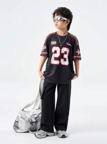 SHEIN Teenager Spring/Summer Round Neck Short Sleeve Casual Jersey Boys Casual Stylish Hiphop Streetwear City Name, Number 23, Star, Fashion Slogan, Shield Logo Printed Short Sleeve Crew Neck T-Shirt, Suitable For Summer