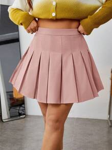 SHEIN EZwear Plus Size Women Solid Color Pleated Waist Mini Skirt - Baby Pink - View 4