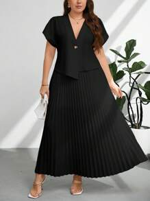 Firerie Plus Size Elegant Commuter Solid Color Batwing Sleeve Top And Pleated Skirt 2 Pieces Set