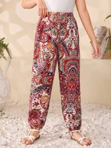 SHEIN Tween Girl' Retro Print Pattern Long Pants, Suitable For Vacation - Pink - View 6