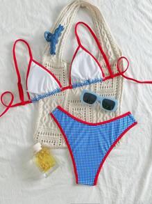 Swim Mod 2 件套 Springbreak 格纹印花撞色边饰三角形上衣和高腰泳裤可爱比基尼套装，夏季 - 藍色 - 查看 2