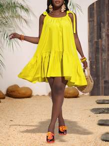 Slaydiva Women's Ruffle Trim Tie-Up Short Dress - Yellow - View 1