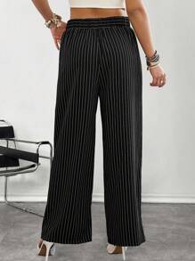 Flirla Plus Size Women Black And White Striped Casual Pants, Spring/Summer - Black - View 2