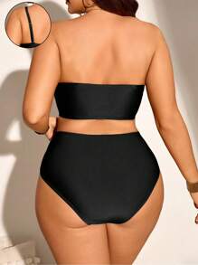 SHEIN Swim Curve 2pcs Plus Size Women's Strappy Cropped Striped Patchwork Modest Casual Swimwear Set For Summer Beach Vacation - Multicolor - View 2