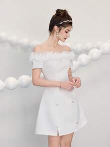 Poshira Vestido mini de mujer con hombros descubiertos y decoración de moño, vestido apropiado para invitada de boda, fiesta de noche y cumpleaños. Vestidos mini elegantes para mujer, vestidos de fiesta, vestidos lindos para mujer, vestido de fiesta para damas, vestidos de cumpleaños para mujer, vestidos de cóctel para mujer, vestido de graduación