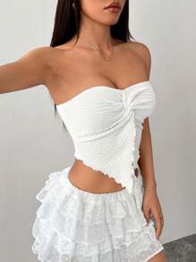 SHEIN PETITE Áo ba lỗ dệt kim họa tiết màu mơ cho kỳ nghỉ của phụ nữ với viền xoắn bất đối xứng - trắng - Xem 6