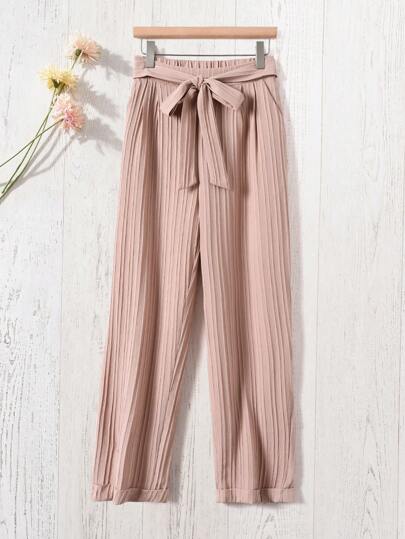 Rusticease Women's Simple Casual Solid Color Textured Tie Waist Pants