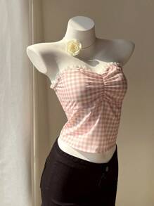 SHEIN Unity Women's Summer Casual Plaid Lace Trim Camisole Tank Top With Tie-Back Strap Design