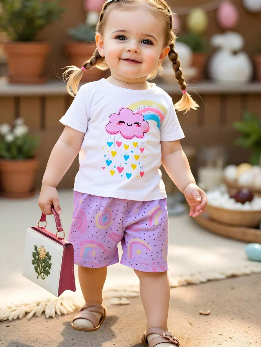 2 Stücke Set für Babys, Mädchen, lila, mit Wolken- und Regenbogen-Print, kurzärmliges Oberteil und Shorts, lässige, lockere Passform, Frühlings- und Sommerkleidung, Urlaubsset, lila Sets für den Sommer, Babys