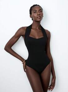Lumivelle Body de unicolor con cuello halter y espalda descubierta, simple y sexy para mujer