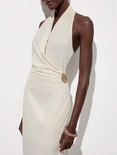 Lumivelle 女士纯色优雅露背荷叶边修身中长连衣裙，带贝壳装饰