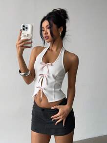 Aloruh Solid Color Bow Decor Backless Fitted Cropped Tank Top - White - View 6
