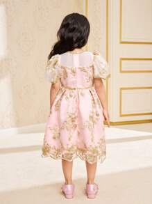 SHEIN Jeune fille robe en maille rose satin avec broderie dorée, élégante et féminine, convient pour les fêtes, les rassemblements, les festivités - Blanc - Voir 2