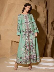Al Najma Women's Ramadan Printed Loose & Elegant Robe,Modest - Green - View 3