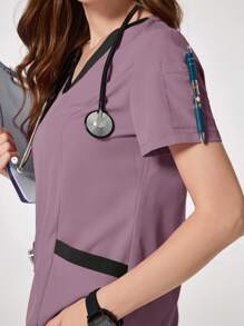 TaskEZ Conjunto de uniforme de pijama quirúrgico con manga corta y pantalón largo en colores contrastantes - Púrpura polvoriento - Ver 4