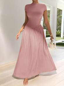 Firerie Elegant Everyday Wear Unconventional Solid Color Short Sleeve Slim Fit Standing Collar Asymmetric A-Line Waist Dress - Pink - View 9