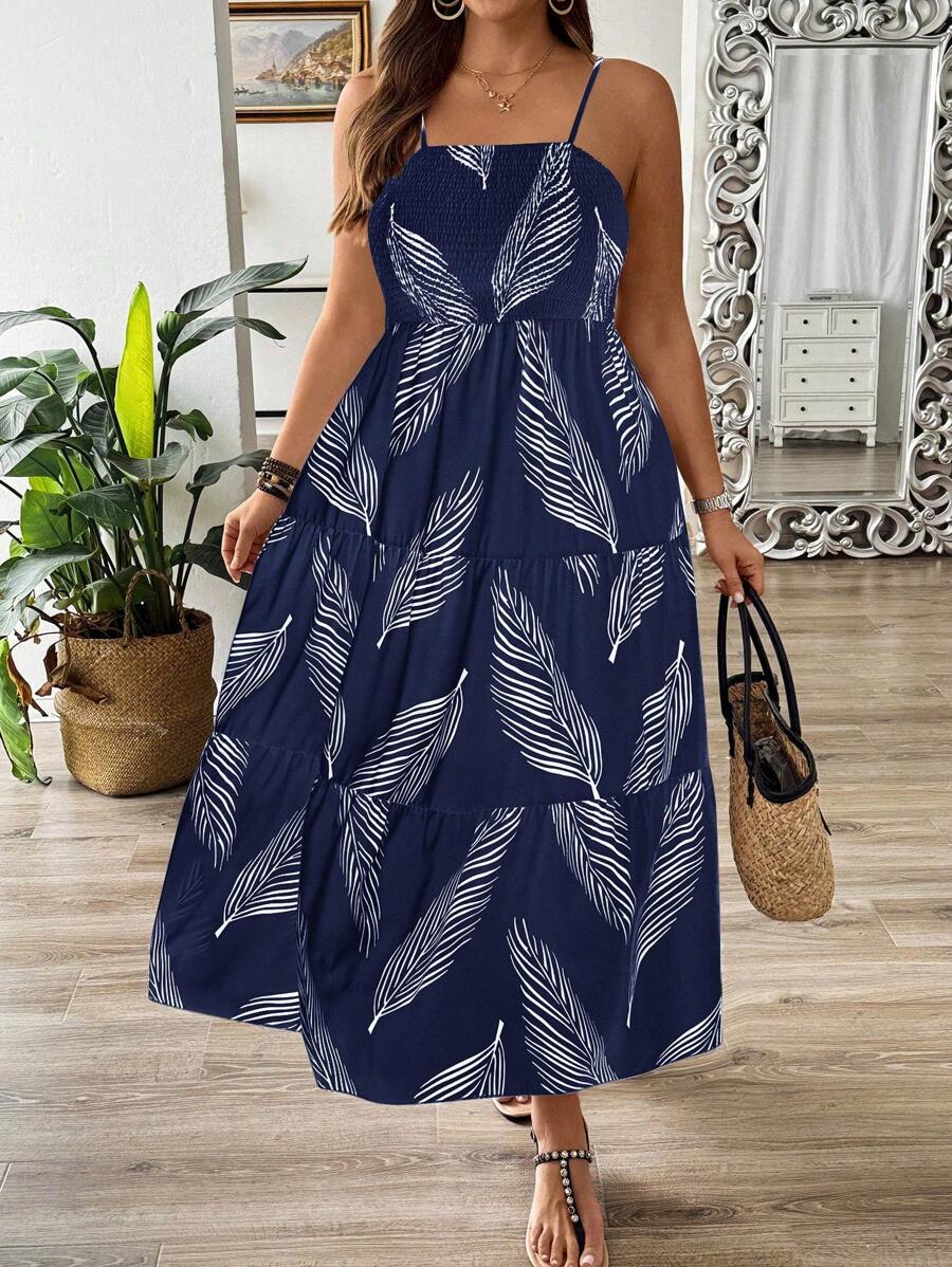 SHEIN Clasi Đầm Maxi xếp ly in hình lá phong cách ngày lễ cỡ lớn cho nữ - Màu xanh hải quân - Xem 1