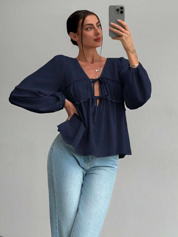 Aloruh Romantic Date Tie-Front V-Neck Frill Trim Puff Sleeve Loose Women Blouse