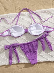 Swim SXY Beach Summer Outfits For Women - Solid Color Ruffle Bandeau Bikini Top And Side Tie Beach Vacation 2 Pieces Swimwear Set - Purple - View 4
