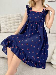 CottageSlumber 樱花印花方领盖袖女式睡袍娃娃装，酒红色节日季 - 藏蓝色 - 查看 6