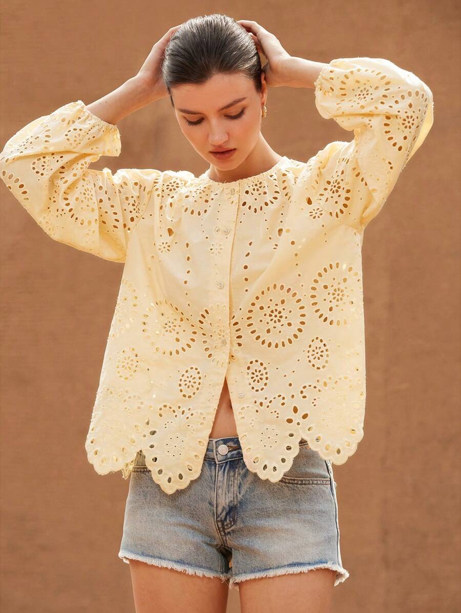 Aveloria Rosie Embroidered Trim Round Neck Long Sleeve Blouse For Women Boho Vacation Fashionable Style For Spring Fall - Champagne - View 1